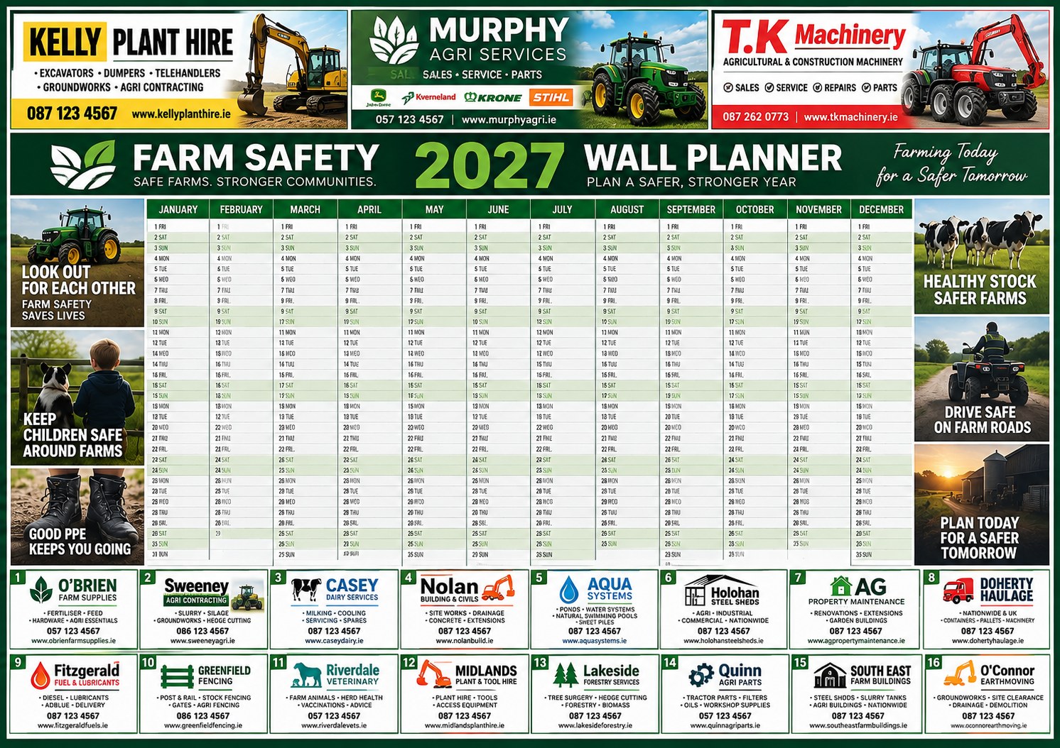 Sample design of the 2027 Farm Safety Wall Planner showing twelve months, three premium advertising positions across the top and sixteen standard positions below